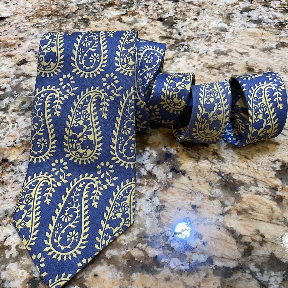 Henry Grethel Mens Large Paisley Silk Neck Tie made in the USA Blue/ Yellow 58”